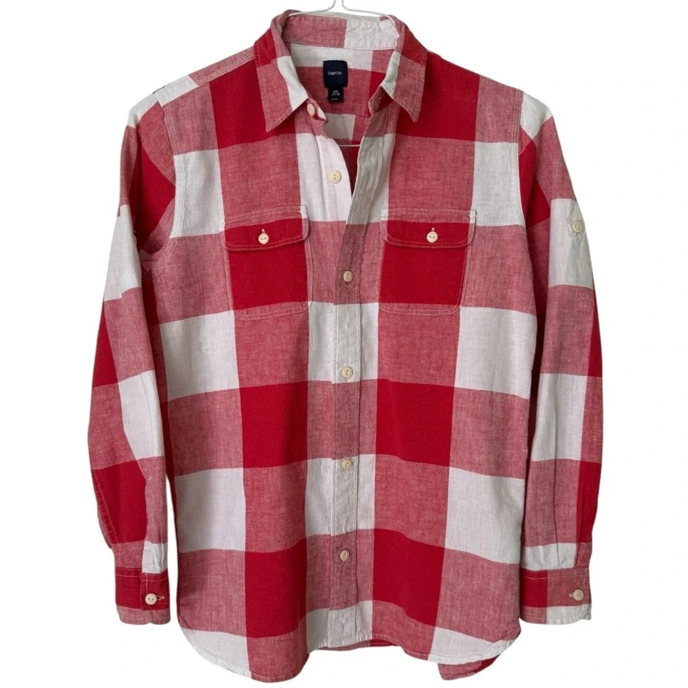 Gap Kids XXL 14-16 Red White Plaid Linen Cotton Button Up Shirt SAME DAY SHIP